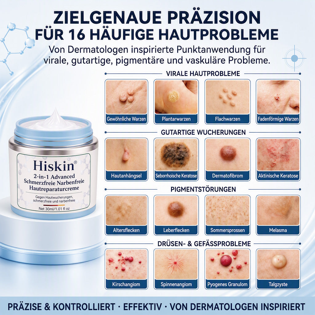 𝐇𝐢𝐬𝐤𝐢𝐧®  2-in-1 Advanced schmerzfreie narbenfreie Hautreparaturcreme – gegen Hautwucherungen, Warzen und sichtbare Hautmakel